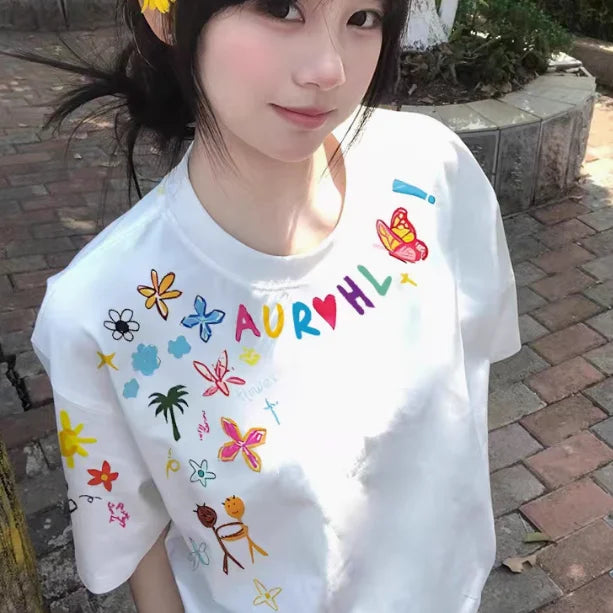 Women's Printing Flowers Tee Summer Sweet O-Neck Cotton High Street Loose Soft T-Shirt Oversize Casual Basic T-shirt Clothing voguable