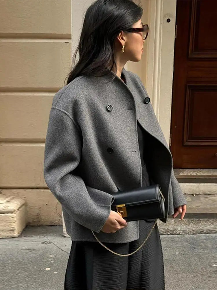 Women's Woolen Coats Loose Casual Retro Double Breasted Stand Collar Short Jacket Office Lady Outerwear Autumn Winter 2024 voguable