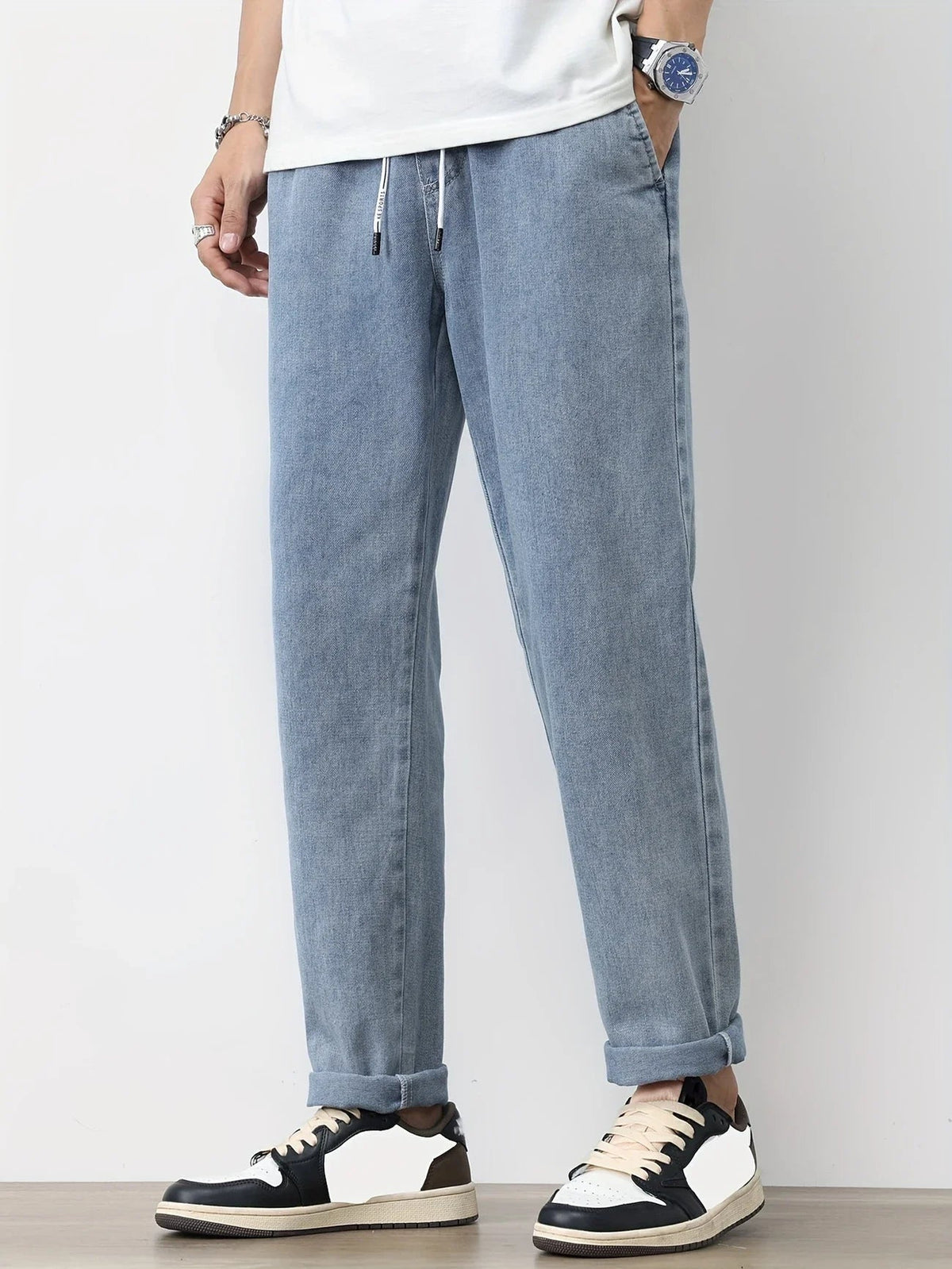 Voguable  Men's Straight-Leg Jeans with Adjustable Drawstring Waist, Made of Breathable and Soft Fabric, Loose Casual Style. voguable