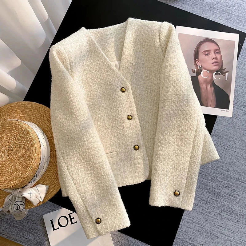 Slim Elegant Tweed Jacket Women Vintage Long Sleeve Sweet Short Coat French Casual Vintage Lady V Neck Single Breasted Tops voguable