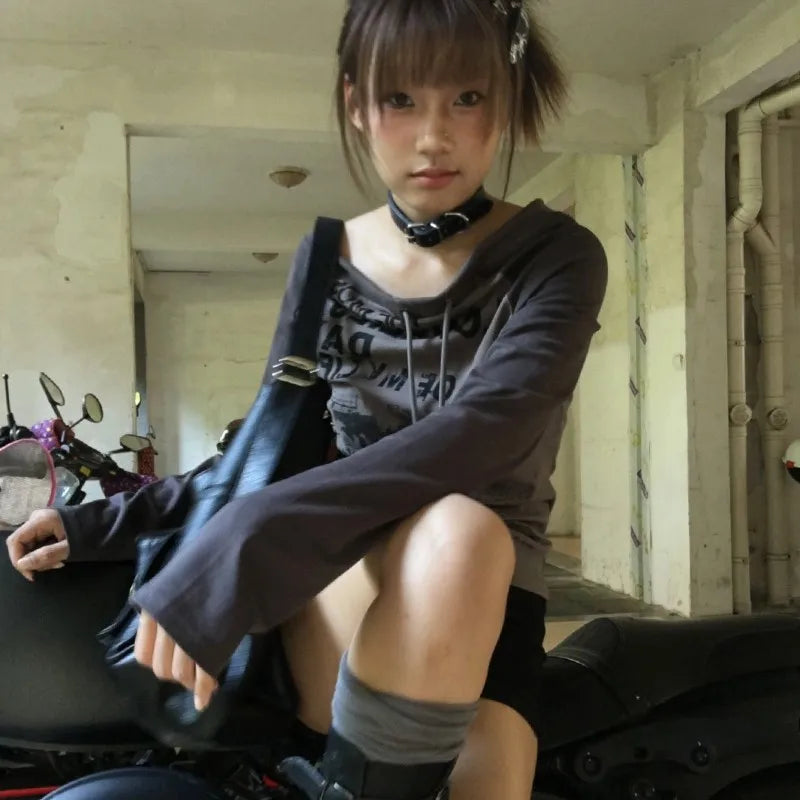 Japanese Y2k Off Shoulder T-shirt Grunge Aesthetics Graffiti Print Long Sleeve Tee Shirt Vintage Harajuku Streetwear 90s voguable