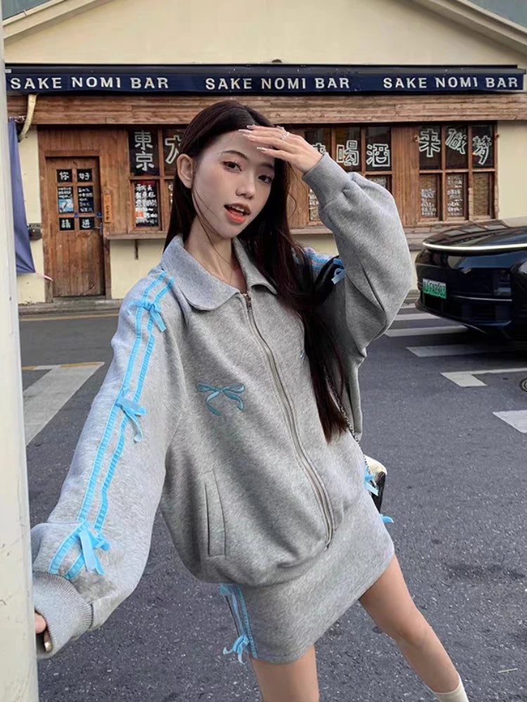 Voguable 2 Piece Skirt Sets Female Y2k Clothing Zipper Bow Sweet Korean Fashion Hoodie Suits Women Studentseven Party Outwear 2024 voguable