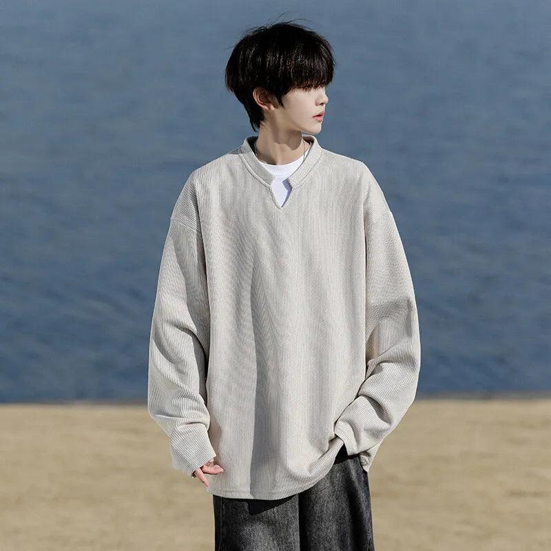 Long Sleeve V-Neck T-Shirt mens Solid Color Spring  Casual Basic Top  Plain Tee Shirt Breathable Comfort Stretch Soft plus size voguable