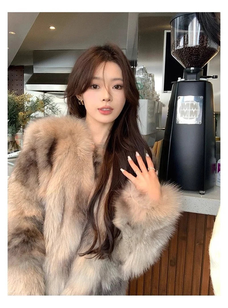 Slim Women Faux Fur Coat Long Sleeve Elegant Vintage Faux Fox Jacket Korean Retro Winter Warm Long Sleeve Female O Neck Tops New voguable