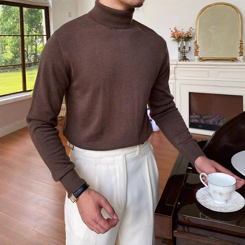New Korean Fashion Men Sweater Light Luxury Trendy Turtleneck Knit Solid Color Pullover Leisure Retro Long Sleeve Basic Knitwear voguable
