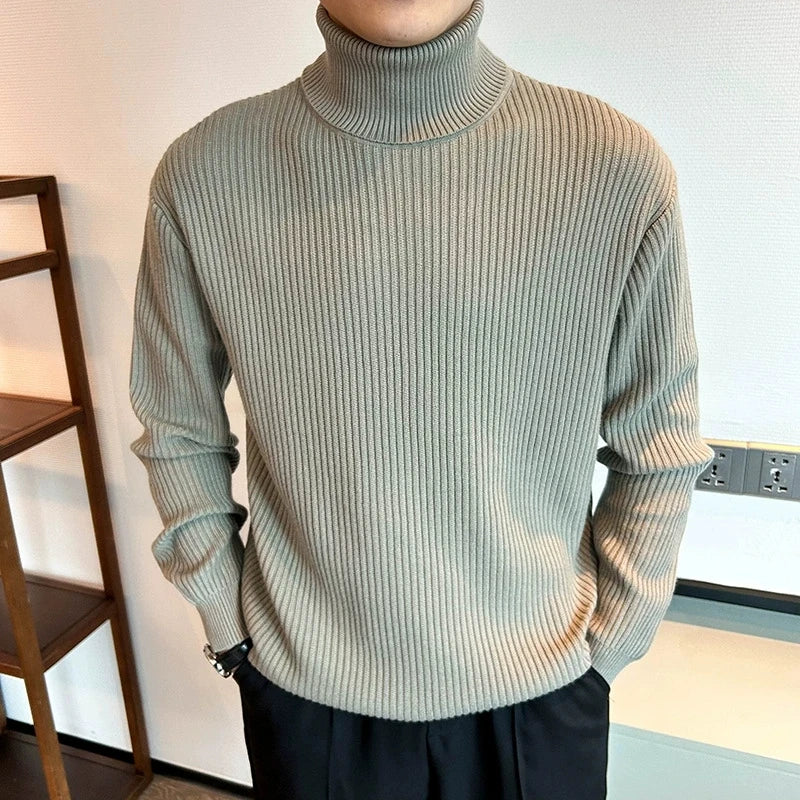 New Korean Retro Men Basic Sweater Luxury Knit Solid Color Turtleneck Long Sleeve Pullover Casual Textured High Quality Knitwear voguable