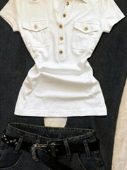 Voguable  Sexy Short Sleeve Collared T-Shirt Women's Slim Fit Summer New Design Unique Top Cotton Casual Style Universal Size Pure Color voguable