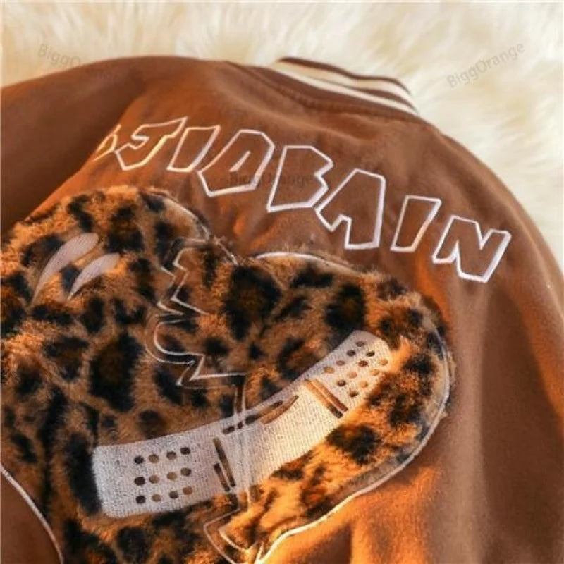 Love Embroidered Jacket Women Clothing Street Vintage Leopard Print Flocking Coat Women Jacket Loose Jackets for Women Clothes