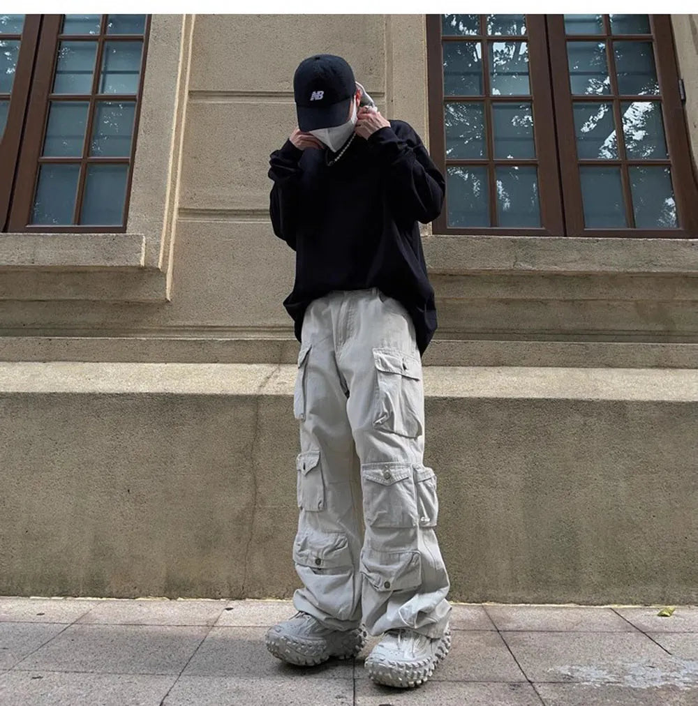 Street Popular White Multi-pocket Overalls Men's Harajuku Style Loose Casual Trousers Straight Mopping Pants Autumn New voguable
