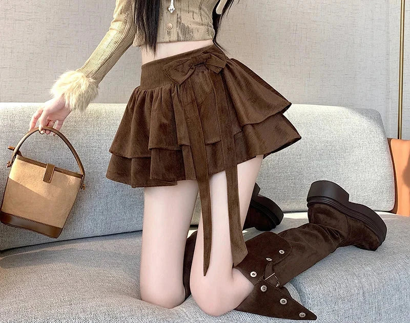 Sweet Bow Cake Skirts Women Vintage Slim High Waist Sexy Mini A Line Skirt Korean Preppy Style Fall Winter Dance Skirt New voguable