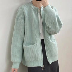 Sweater Cardigan Women Autumn Double Zipper Casual Korean Knitwear Coat Solid Color Loose Soft Long Sleeve Jackets Outerwear voguable