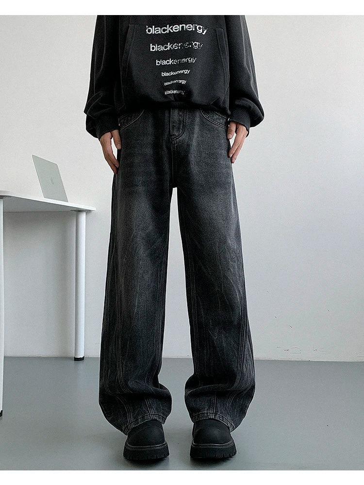Winter Nostalgic Blue Jeans Men Chic Patchwork Loose Casual Denim Pants Wide Leg Male Straight Mopping Trouser Streetwear voguable