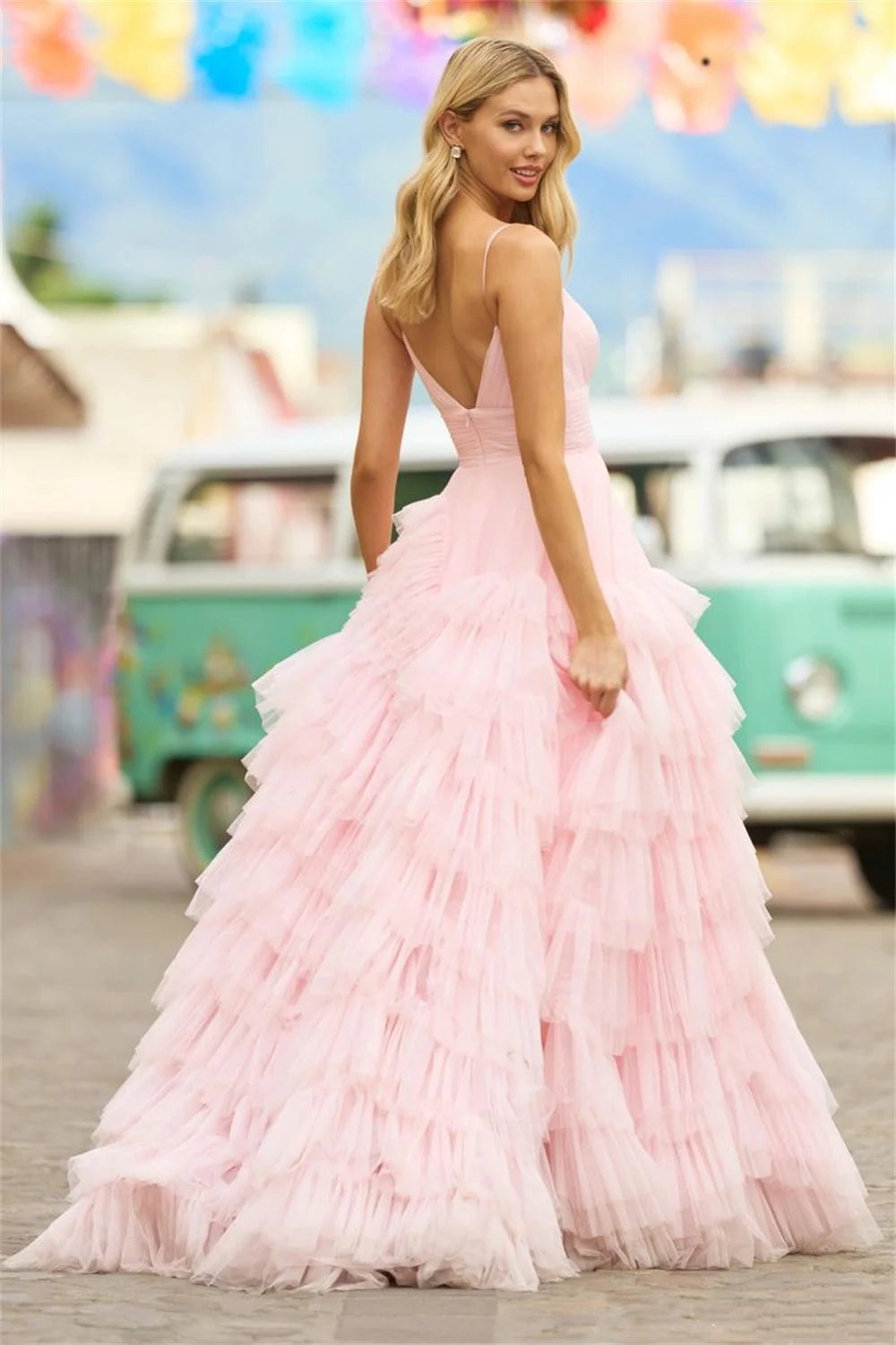 Voguable   Baby Pink Multilayer Prom Dress 2023 Princess Evening Dresses Tulle Sweep Train Party Dresses Sleeveless Robe voguable