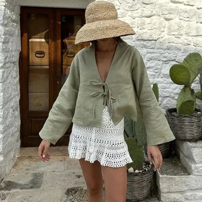 ALOBEE Loose Lace Up Bow Shirt Women Elegant V Neck Long Flare Sleeve Lady 2024 New Spring Summer Simple High Street Female Tops voguable