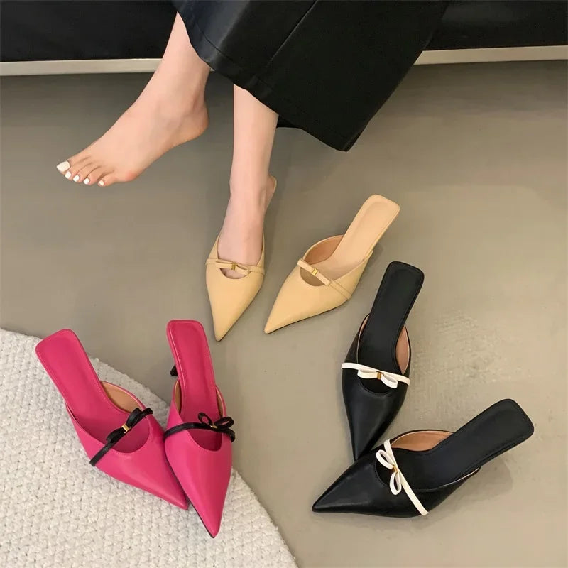 Voguable  Spring Design Style Butterfly-knot Woman Slippers Fashion Low Thin Heels Pointed Toe Shallow Ladies Mules Shoes voguable
