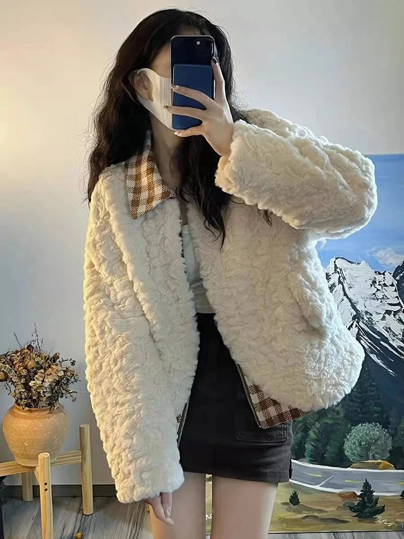 Sweet Cute Faux Lamb Coat Women Winter Thick Warm Plaid Patchwork Jacket Vintage Preppy Style Long Sleeve Kawaii Outwear Tops voguable