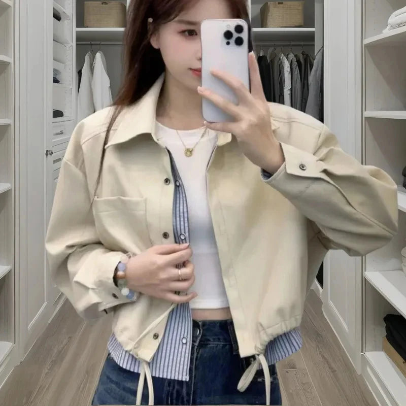 Vintage Patchwork Crop Jacket for Women Autumn Streetwear Splicing Pu Leather Outerwear Y2K Gothic Single Breasted Female Coat voguable