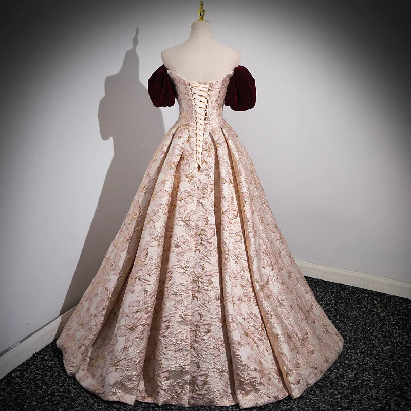Voguable  Luxurious Off The Shoulder Evening Dresses New Women Pink Puff Sleeves Jacquard Exquisite Party Prom Gowns Wedding Dresses voguable