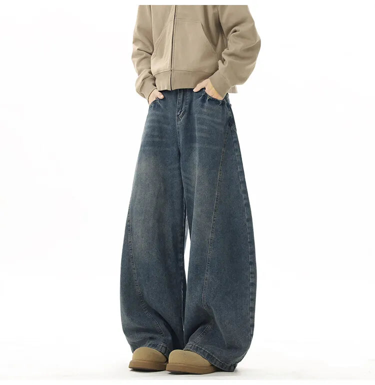 Wide Leg Jeans Men Denim Dark Blue Floor Sweeping Baggy Trousers Street Dance Hip Hop Unisex Urban Fashion Urban Streetwear voguable