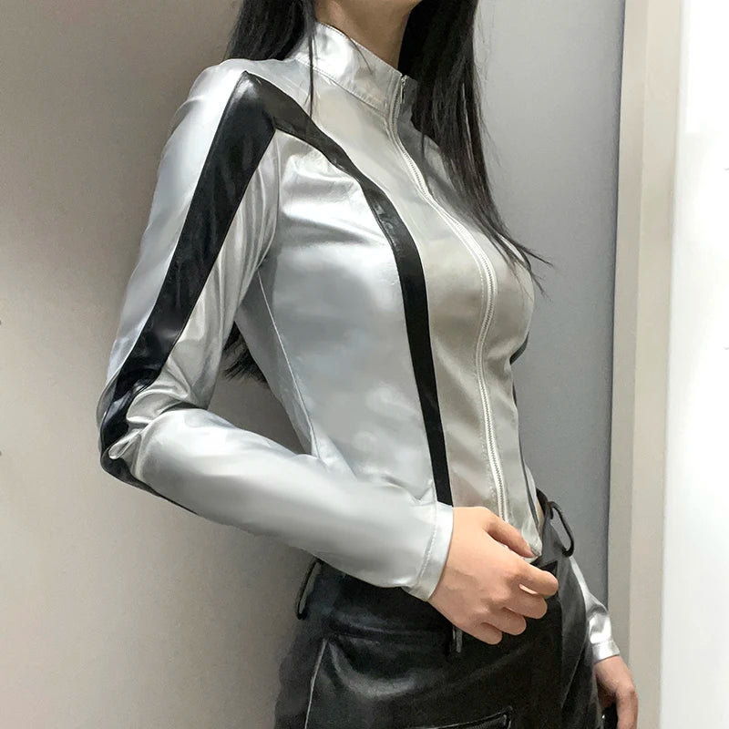 Voguable  Street Style Contrast Patchwork Zip-up Pu Leather Jackets Silver Color Turtleneck Cardigan Women Chic Elegant Coat Fall voguable