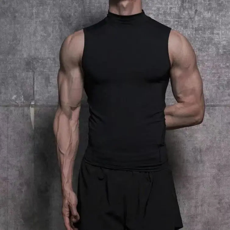 Voguable  American Retro Half High Collar Vest Men Summer Thin Sleeveless T-Shirt Suit Bottom Pure Color Sport Sweatshirt voguable