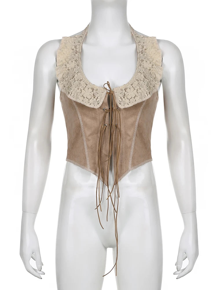 Voguable Suede Tank Top with Lace Collar Bandage Backless Halter Corset Fairycore Grunge Sleeveless Tops y2k Vintage Camis Women voguable