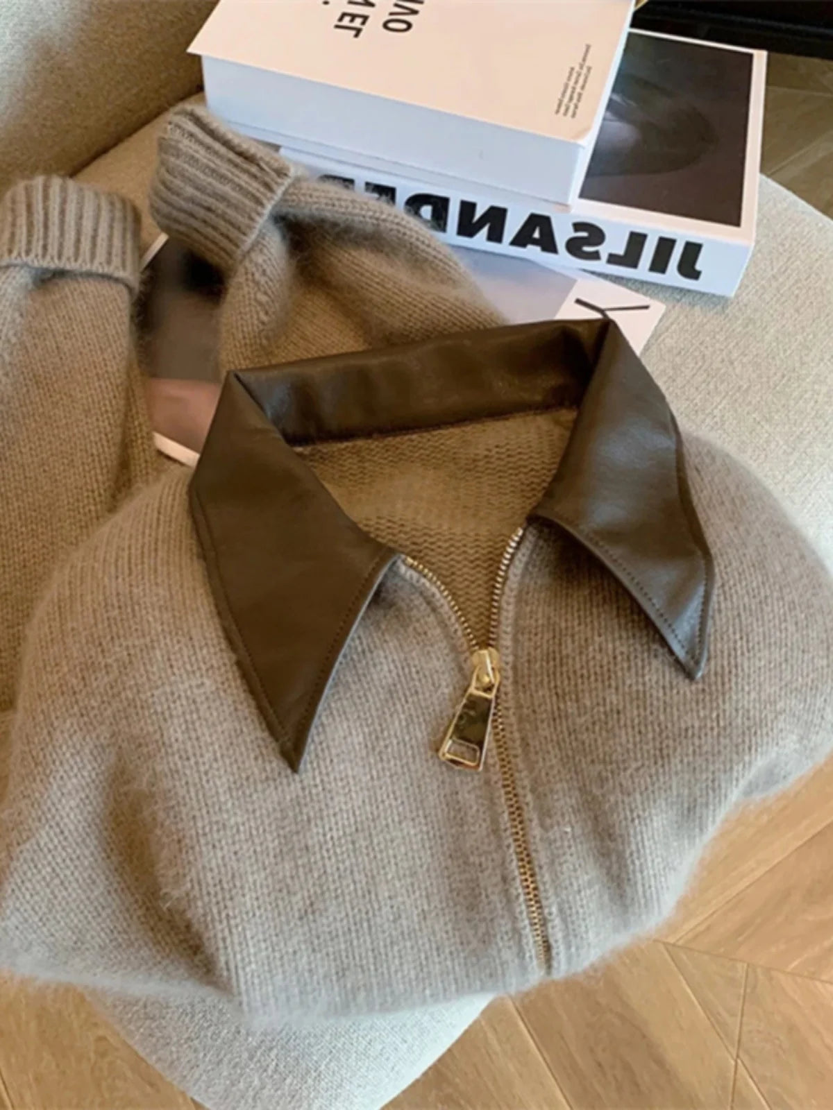 Spliced Leather Collar Knit Sweater Fashion Double Zipper Cardigan Women's Autumn/Winter New Soft Vintage Long Sleeve Streetwear voguable