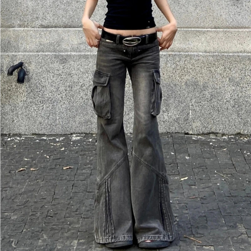 Voguable American Retro Pleated Pockets Loose Casual Wide Leg Jeans Women 2024 Spring New Low Waist Washed Distressed Cargo Pants voguable