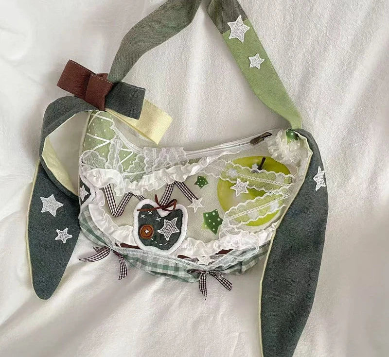 Harajuku Y2k Aesthetic Ins Underarm Bag Women Contrast Color Plaid Rabbit Ear Canvas Bag Grunge Patchwork Lace Shoulder Handbags voguable