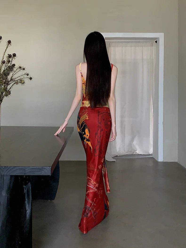 Designer Painted Long Dress For Woman Summer 2025 Mesh V Neck Sundress Boydocn Maxi Slip Dress Fashion Clothes voguable