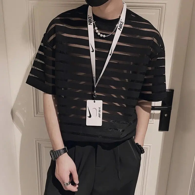 Voguable  Korean New Men's Clothing Fashion Hollow Out Striped Tops Man Comfortable Breathable Lace Thin Style T-shirt voguable
