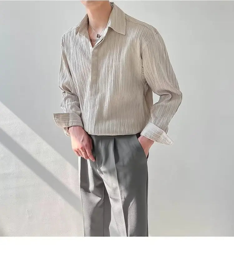 Black Apricot White Long-sleeved Shirt Men Fashion Social Mens Dress Shirt Korean Loose Casual Pleated Shirts Mens Formal Shirt voguable