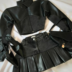 Voguable  Gothic Streetwear PU Denim Crop Top And Pleated Skirt 2 Piece Set Women Dark Academia Outfit voguable