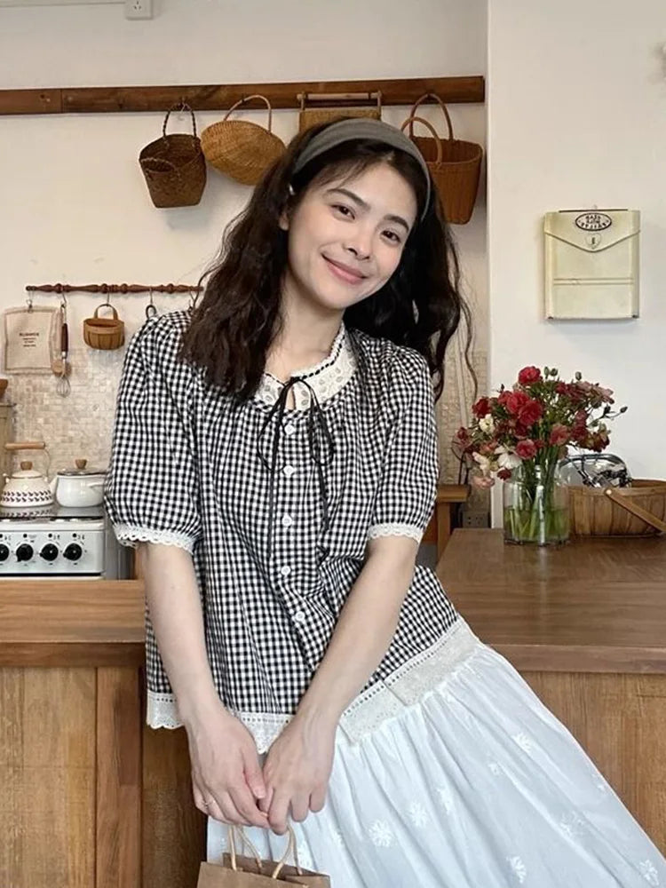 Sweet Vintage Women Plaid Blouse Casual Preppy Style Lace Patchwork Loose Shirt Cute Retro Female Short Sleeve Lace Up Tops voguable