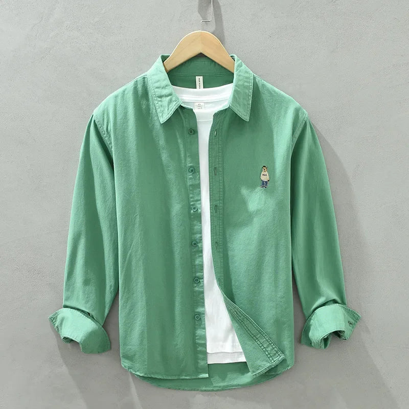 Voguable Spring and Autumn New Bear Embroidery Casual Long Sleeve Men Shirts 100% Cotton Solid Color Fashion Art Versatile Top voguable