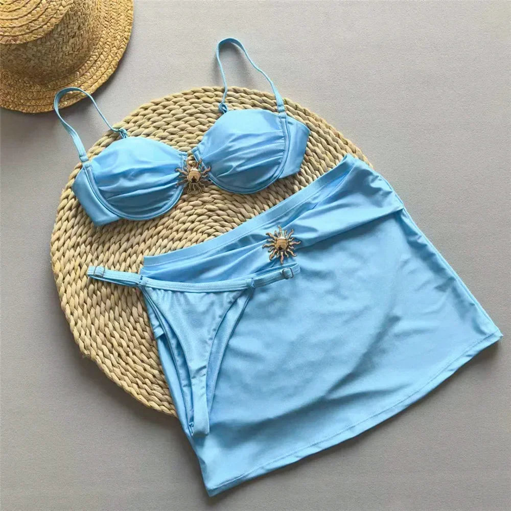 Voguable  Light Blue Micro Bikini Thong Pushup Sexy Swimsuit Cover Ups Women Sun Metal Buckle Swimwear Bathing Suit Bikinis Sets  New voguable