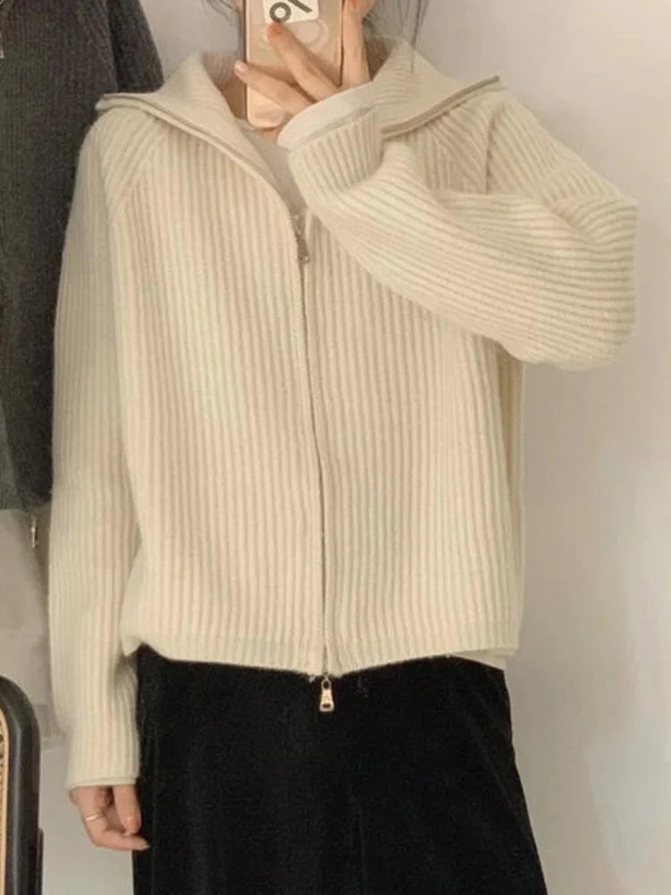 Voguable  Casual Knitted Cardigan Sweaters Women Autumn Vintage Zip-up Solid Loose Long Sleeve Tops Knitwear Chic Kpop voguable