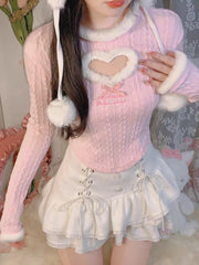Voguable Heart Design White Pink Japanese Kawaii Lolita Blouse Cropped Hollowed Out Slim Knitted Long Sleeve Sweet Bandage Casual Shirt voguable