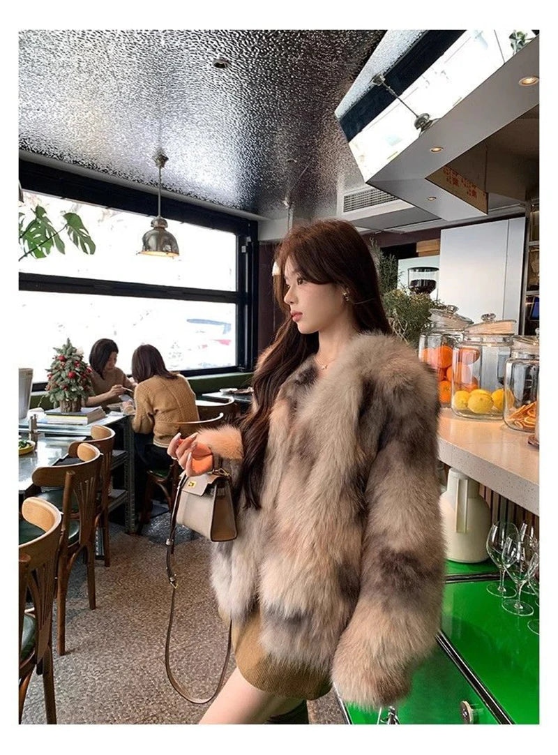 Slim Women Faux Fur Coat Long Sleeve Elegant Vintage Faux Fox Jacket Korean Retro Winter Warm Long Sleeve Female O Neck Tops New voguable