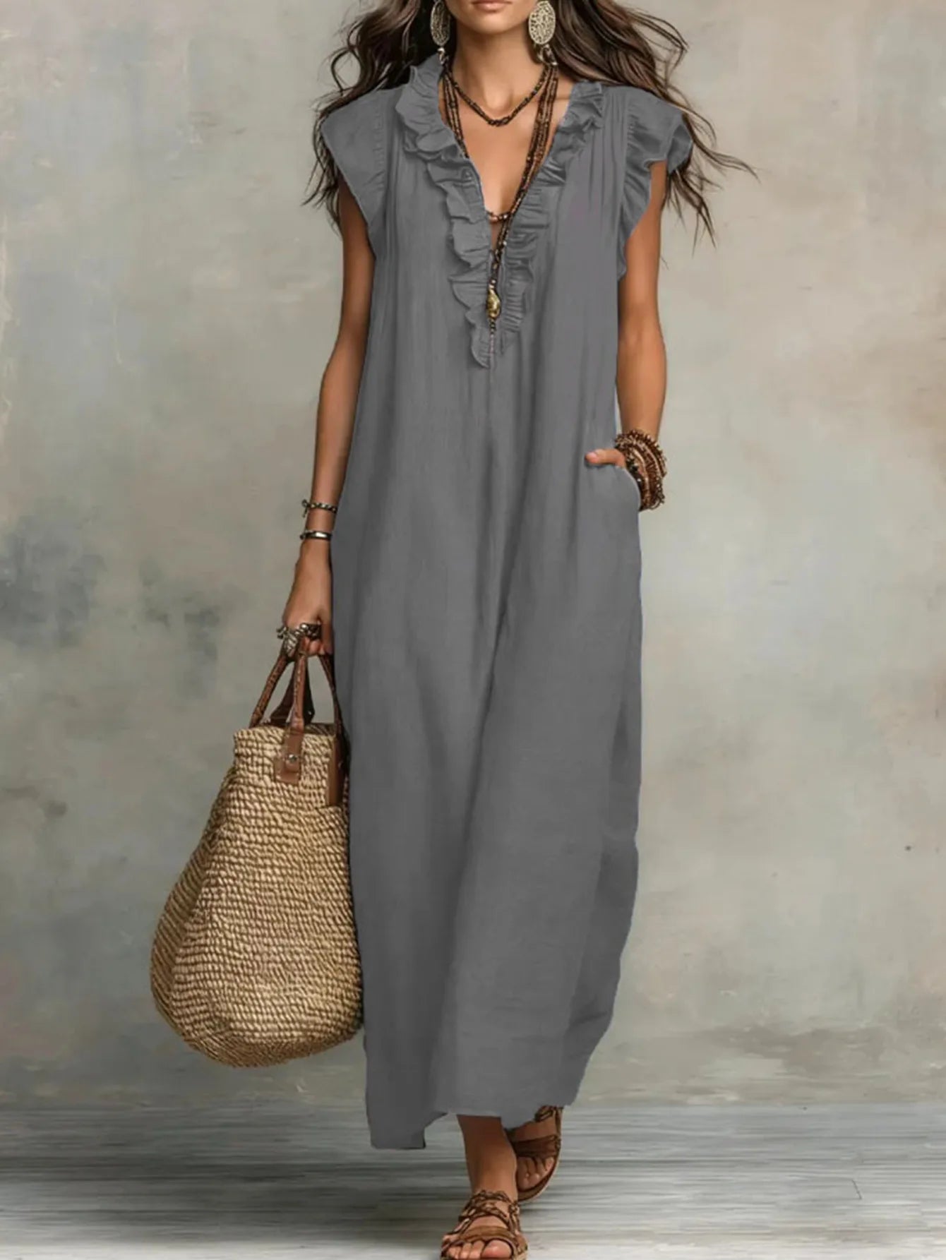 Voguable  New Ruffles V-neck Casual Solid Color Straight Tube Long Dresses Summer Casual Loose Fit Flying Sleeve Pocket Women's Dress voguable