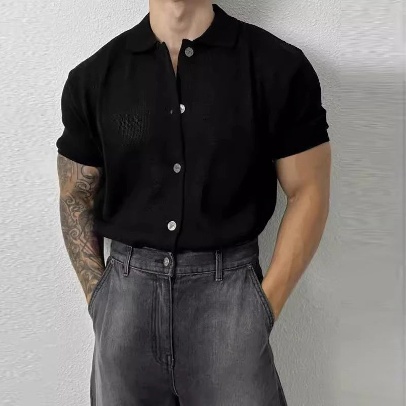 Summer Men's Clothing Light Luxury Knit Polo Shirt Korean Solid Color Short Sleeve Button-down Retro Fashion Leisure Knitwear voguable