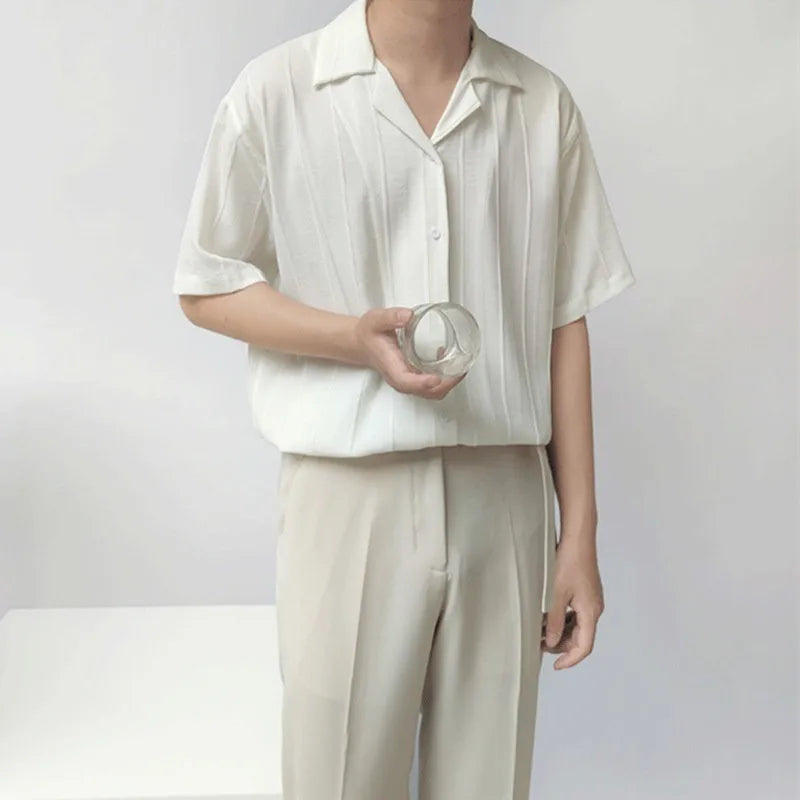 Summer Clothing Men's Light Luxury Draped Shirts Retro Leisure Korean Popular Clothes Button-down Short Sleeve Solid Color voguable