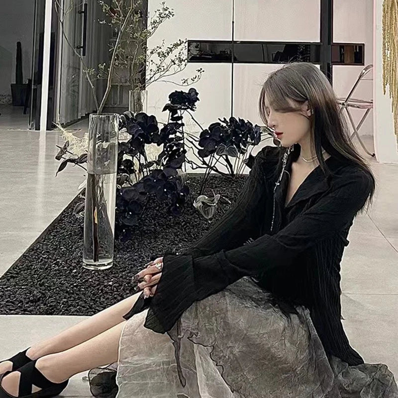 Voguable  Gothic Harajuku Black Shirt Women Vintage Long Sleeve Y2K Blouse Casual American Retro Irregular V Neck Loose Tops Spring voguable