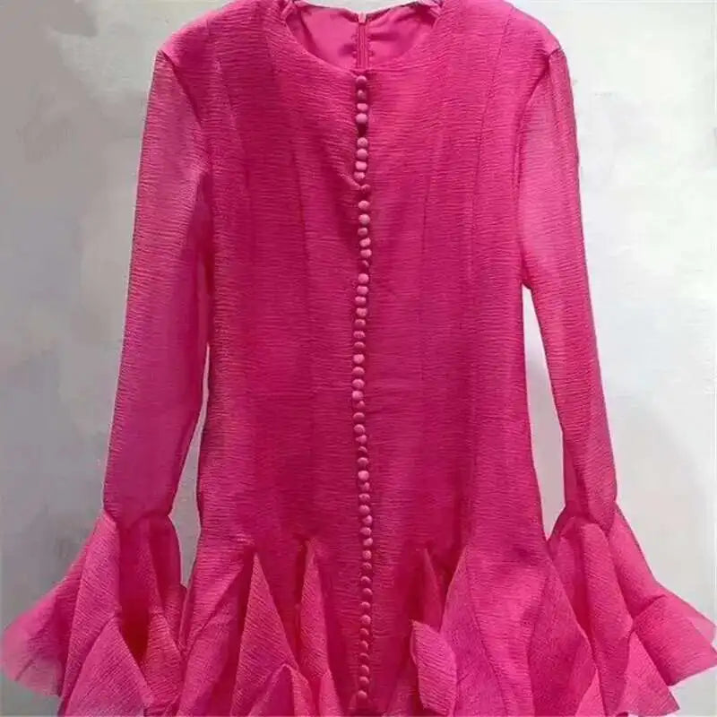 French Niche Women's Dress O Neck Button Flare Long Sleeve Spliced Ruffles Hem Solid Elegant Mini Dress 2025 New voguable