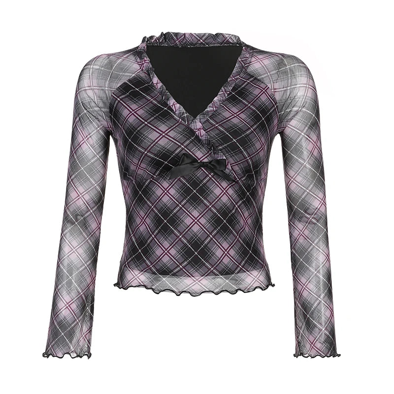 Voguable Y2K Plaid Double Layer Mesh Top Black Ruched V-neck T-shirts Fairy Grunge Long Sleeve Tops Vintage Sweet Bow Tees Fall voguable