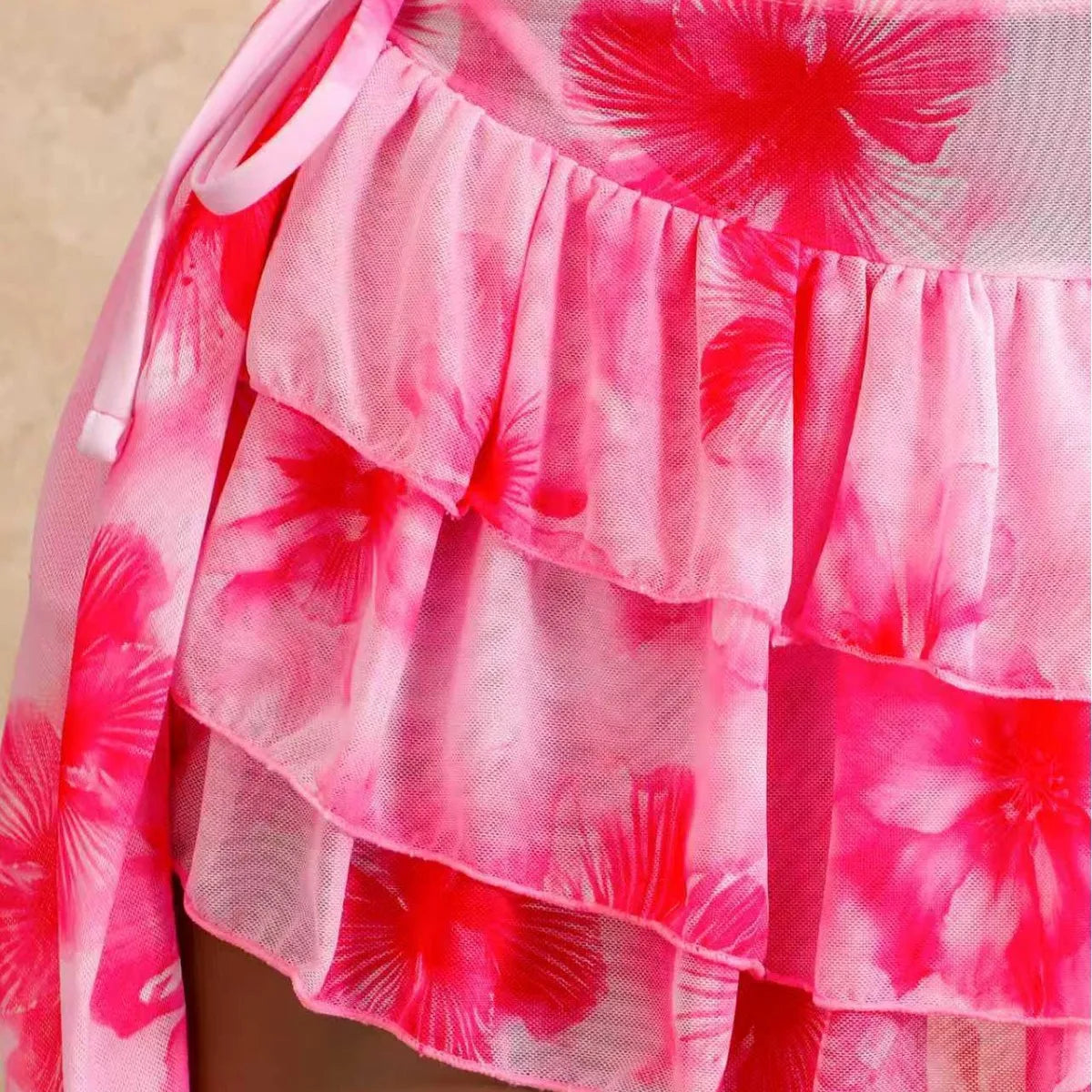 Voguable  Women 3 Piece Hibiscus Print Bikini Set with Mesh Ruffle Skirt Halter Triangle Top Beachwear Backless Swimwears Bathing Suits voguable