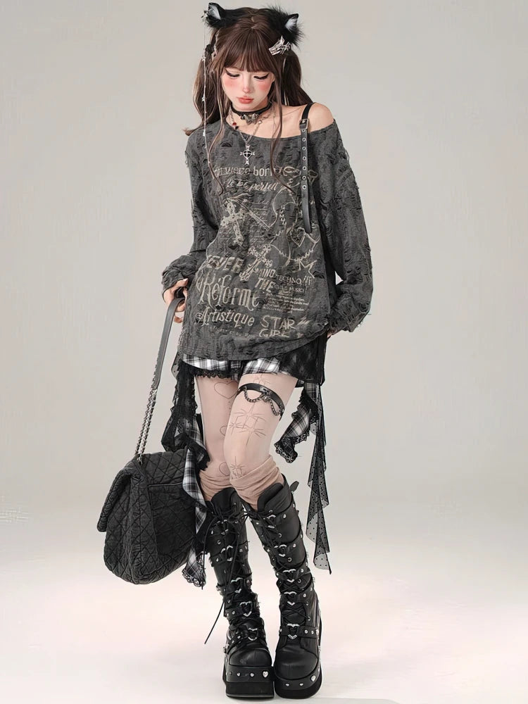 Gothic Vintage Oversize Long sleeve T shirt Women Sweet Sexy Off shoulder Tops Spring Autumn Fashion Holes Basic Tees voguable