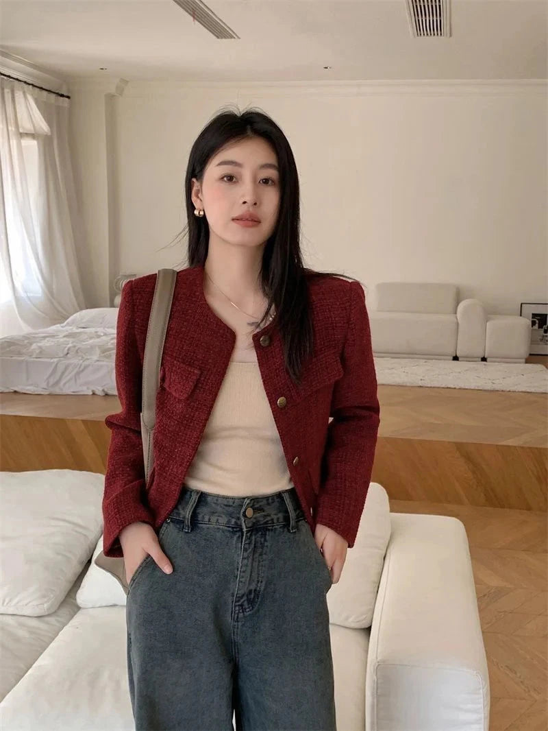 Zoki Women Slim Vintage Jacket Fall Winter Long Sleeve Sweet Elegant Coat French Casual Female O Neck Single Breasted Retro Tops voguable