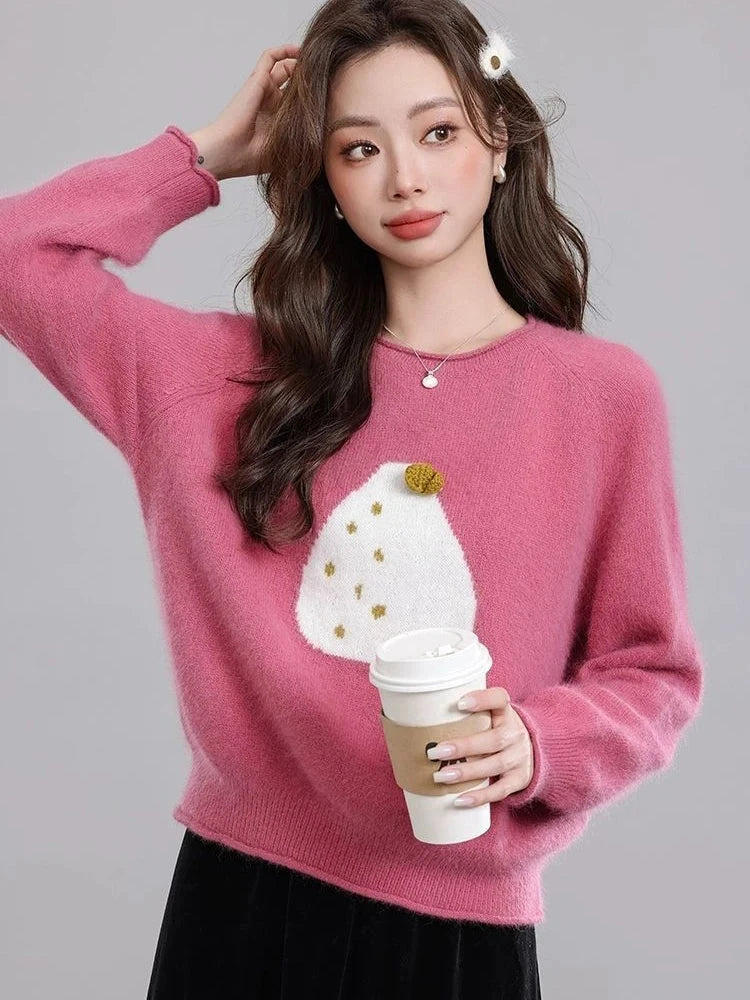 Chic Print Sweet Sweaters Women Casual Preppy Style Cute O Neck Pullover Loose Long Sleeve Fashion Fall Winter Korean Jumper New voguable