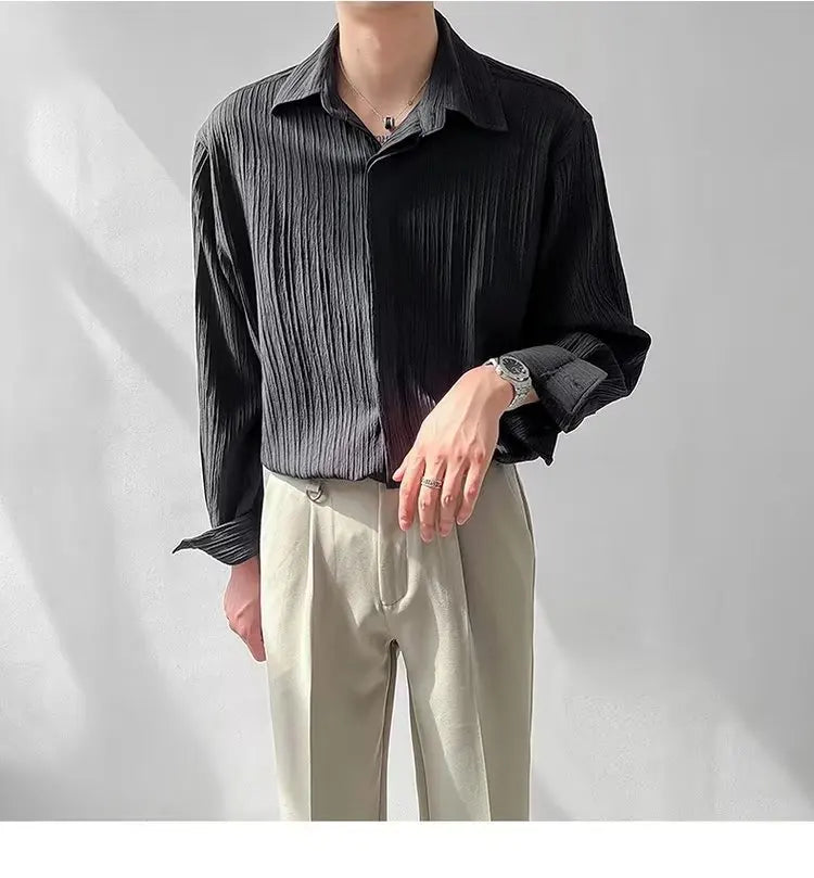 Black Apricot White Long-sleeved Shirt Men Fashion Social Mens Dress Shirt Korean Loose Casual Pleated Shirts Mens Formal Shirt voguable
